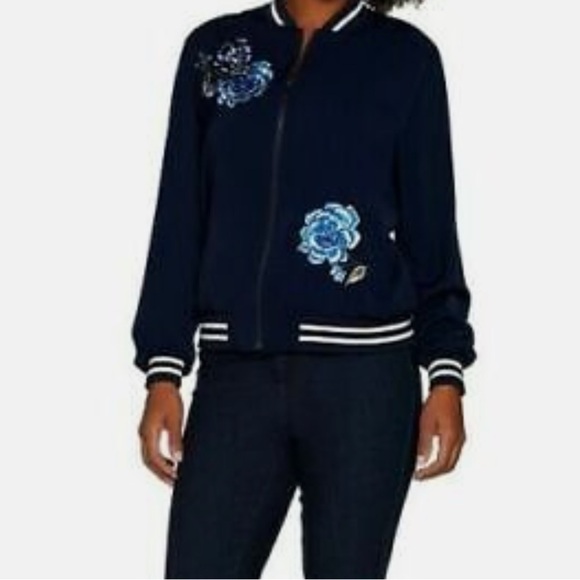 Susan Graver Embroidered Floral Peachskin Bomber Jacket - Picture 1 of 9